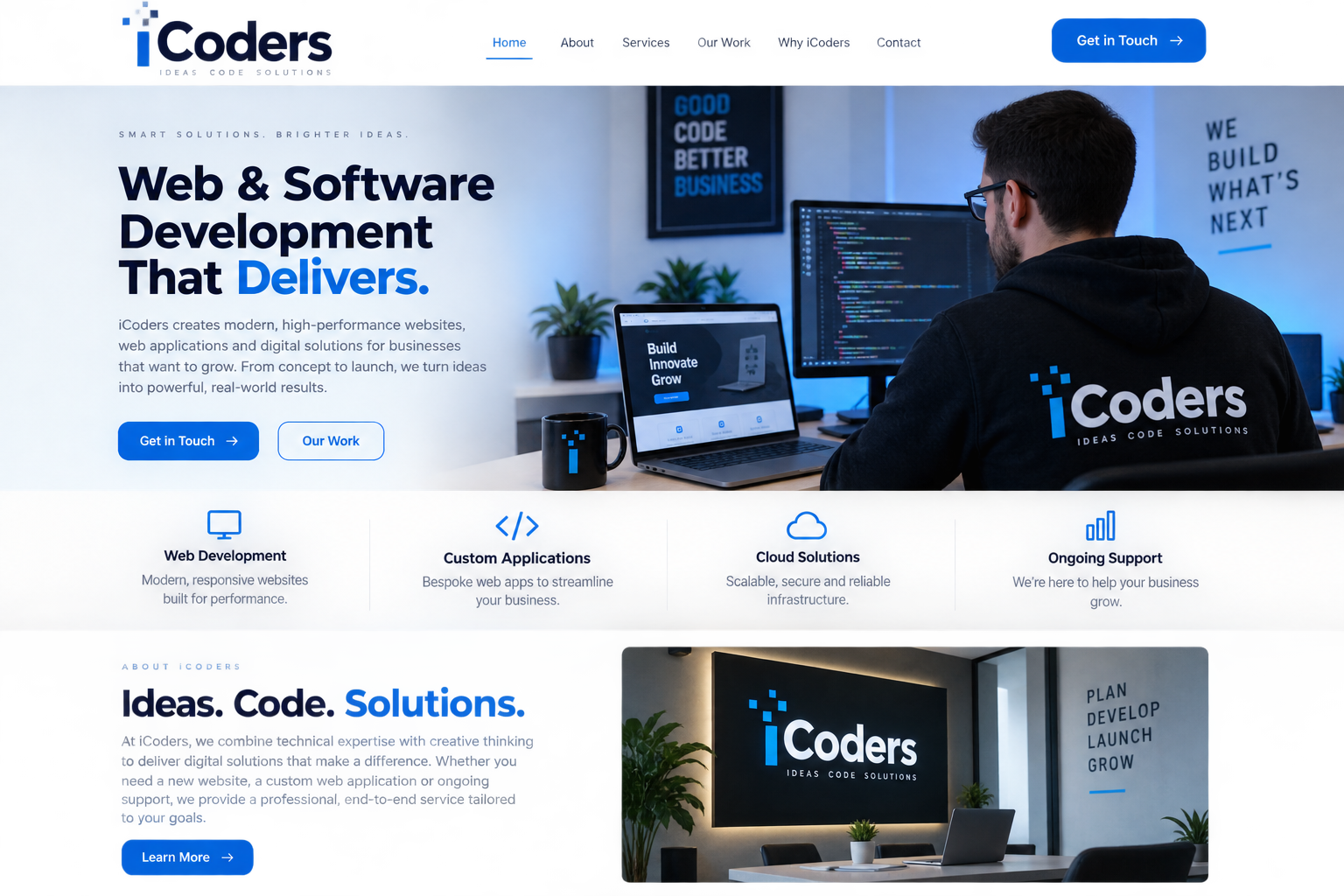 iCoders brand concept showing a modern software development studio
